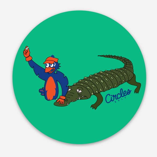 Sticker - Chirps Holding Up Golf Ball In Water With Alligator- 3 Inch Round Sticker