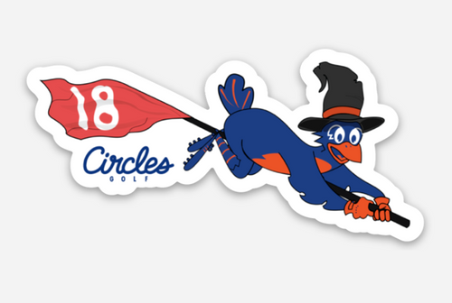 Sticker - Circles Golf Halloween Witch Chirps Riding On Flagstick Broom