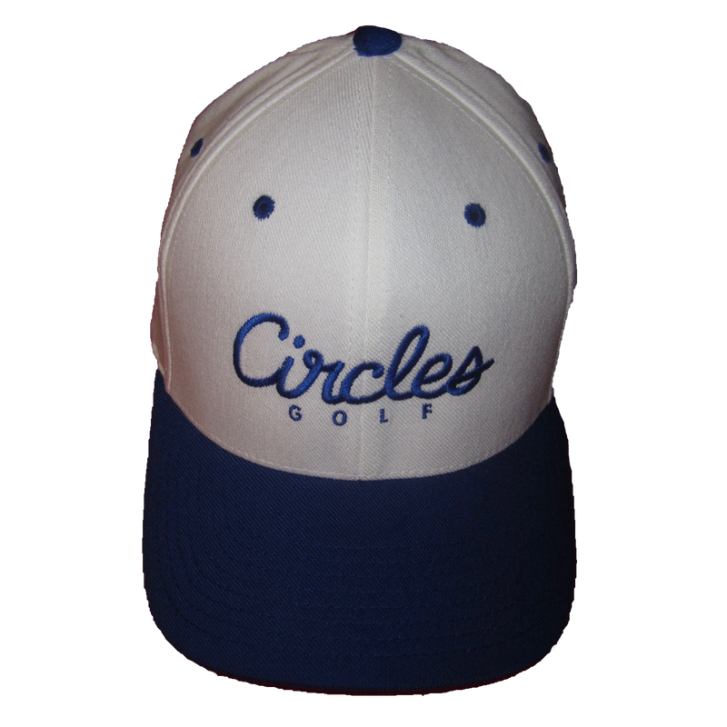 Blue Brim on White Circles Text Flexfit Hat